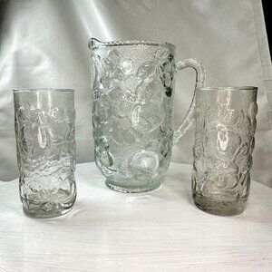 VTG Libbey Orchard Fruit Clear Pitcher + 2 Glasses Pressed Glass Raised Fruit